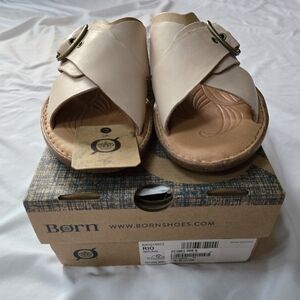 New Born Beige Natural Tan Rio Buckle Leather Slide Sandals